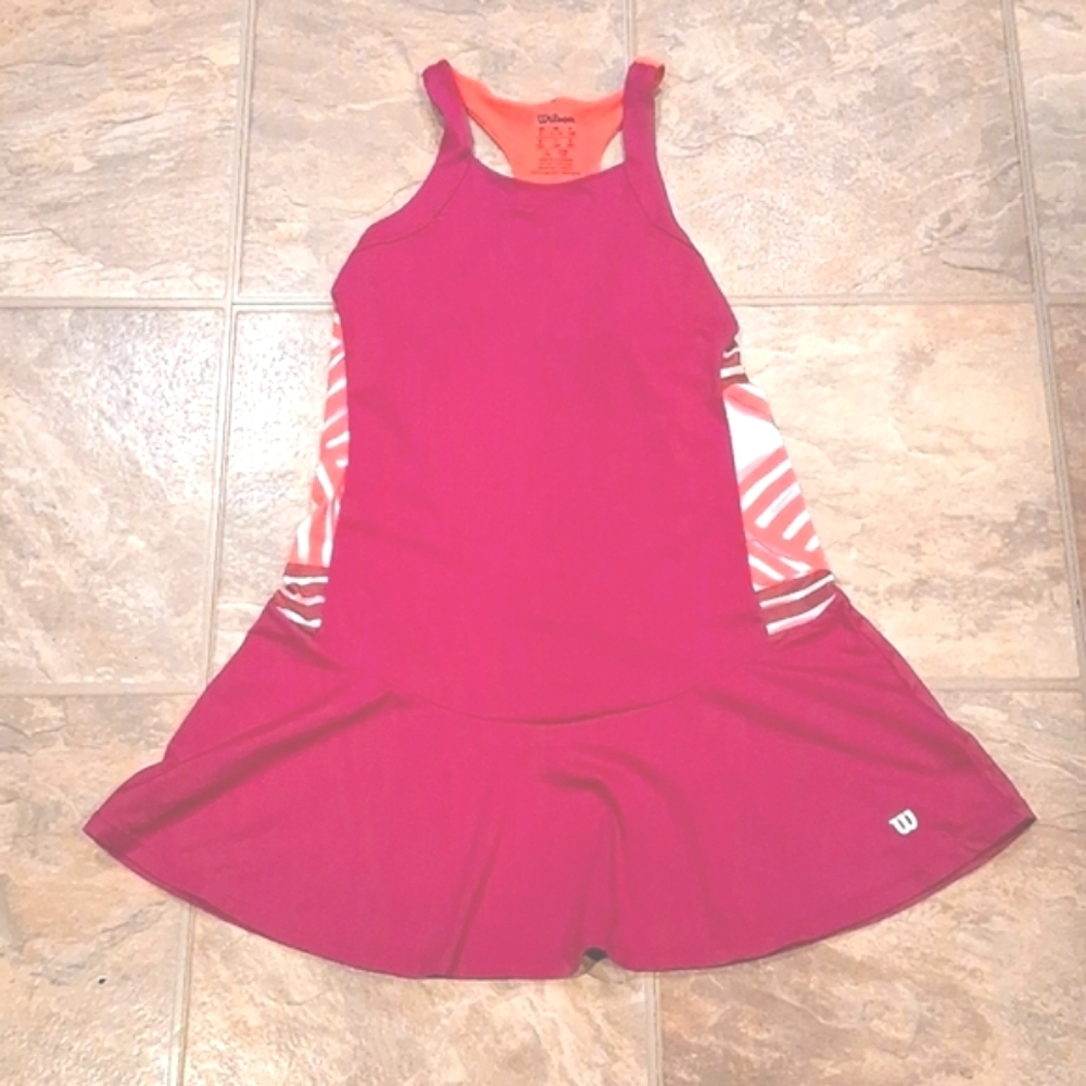 Wilson Striped Mesh Print Pink Tennis Dress Razerback Design Pink & Oran…